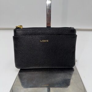 LODIS Black Pebbled Leather Coin Pouch Card Holder Zip Wallet Gold Hardware